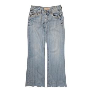 MEK DENIM USA Rocker Biker Distressed Washed Flare Low Denim Blue Jeans 25